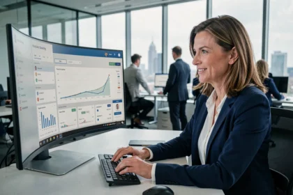 Une professionnelle utilisant un logiciel CRM Salesforce sur un grand écran dans un bureau moderne en open space