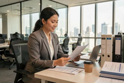 Professionnelle RH philippine en costume dans un bureau moderne de Manille examinant des documents de ressources humaines