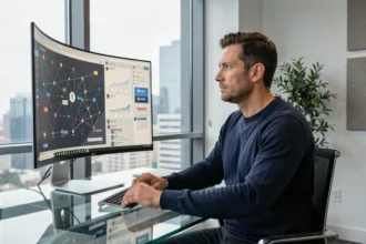 Entrepreneur regardant un écran affichant des graphiques de réseaux sociaux interconnectés, illustrant la structure de propriété de Meta, Facebook et WhatsApp