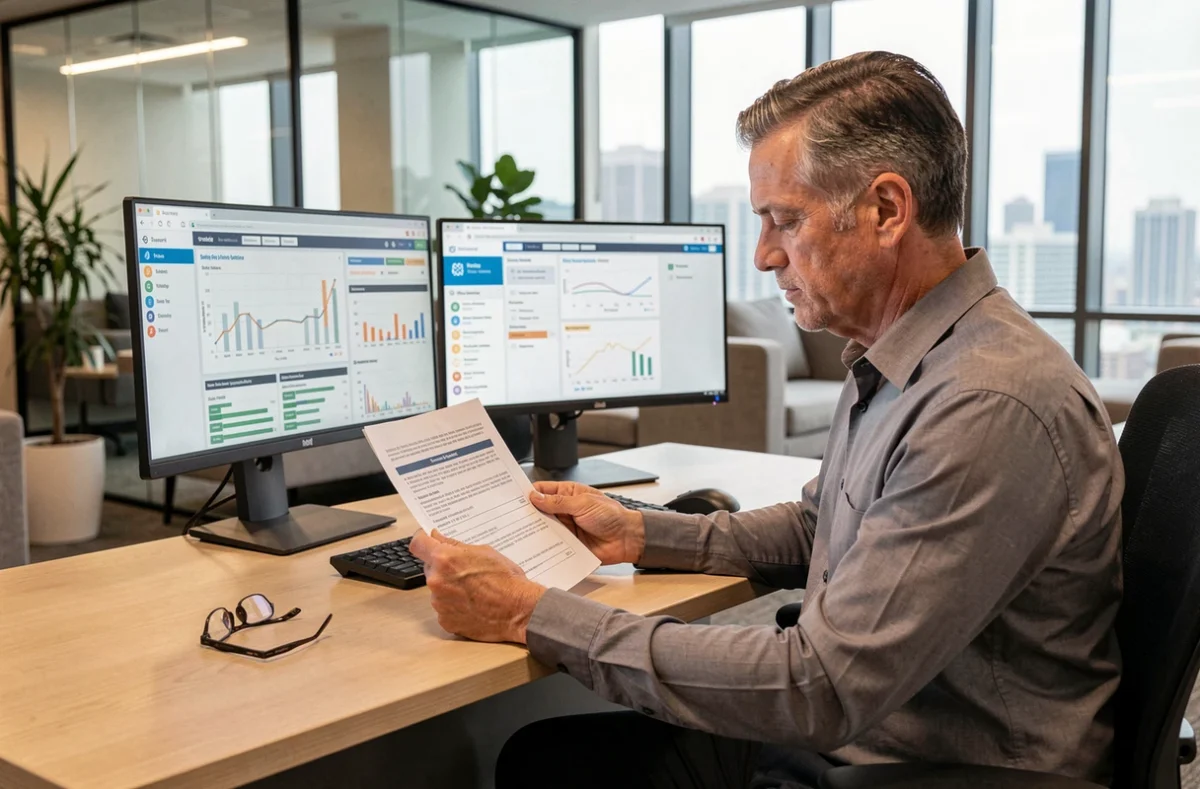 Professionnel de la sécurité informatique consultant un protocole de sécurité dans un bureau moderne