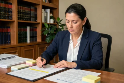 Avocate analysant des documents juridiques pour prouver une faute simple dans un bureau professionnel