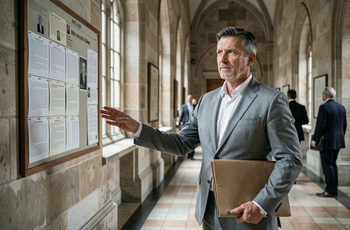 Homme en costume tenant un dossier juridique dans un couloir de tribunal pour illustrer la preuve d'une faute simple