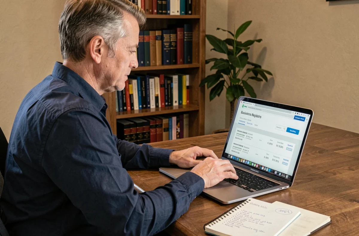 Homme recherchant le statut d'une entreprise sur un registre officiel en ligne depuis son bureau
