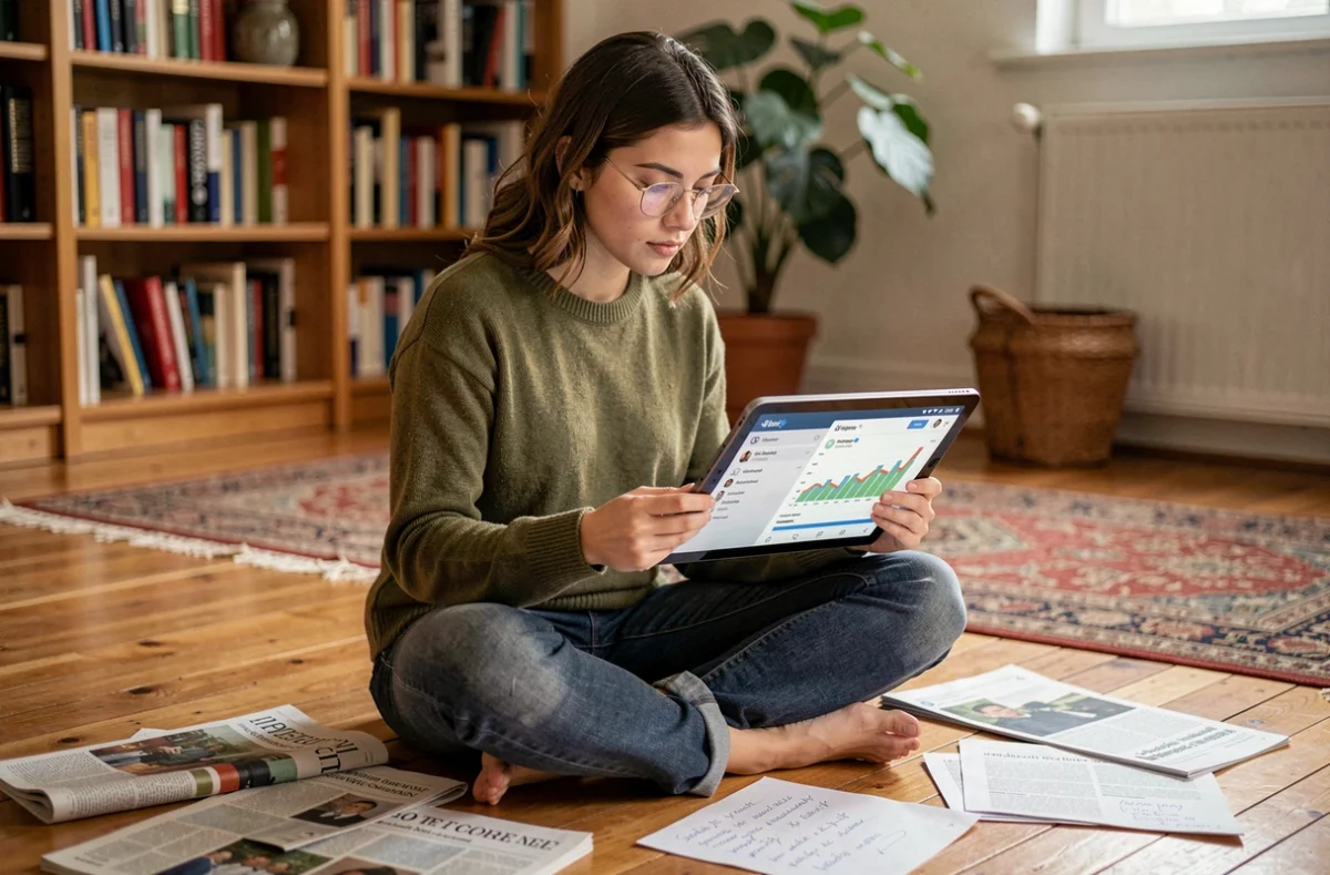 Jeune femme analysant des tendances sur une tablette entourée de magazines et de notes de recherche à domicile