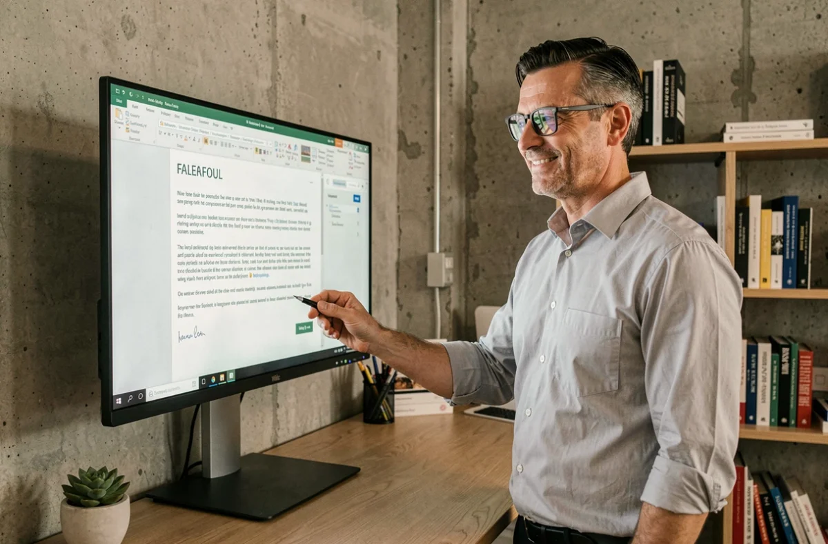 Homme en tenue professionnelle relisant son email de départ avec un sourire positif dans un espace coworking