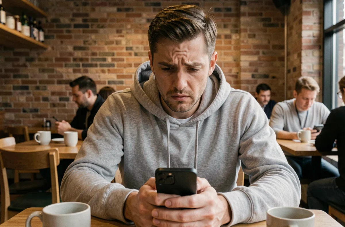 Homme seul dans un café lisant des messages négatifs sur son téléphone, expression de choc — illustration de la réputation en ligne attaquée