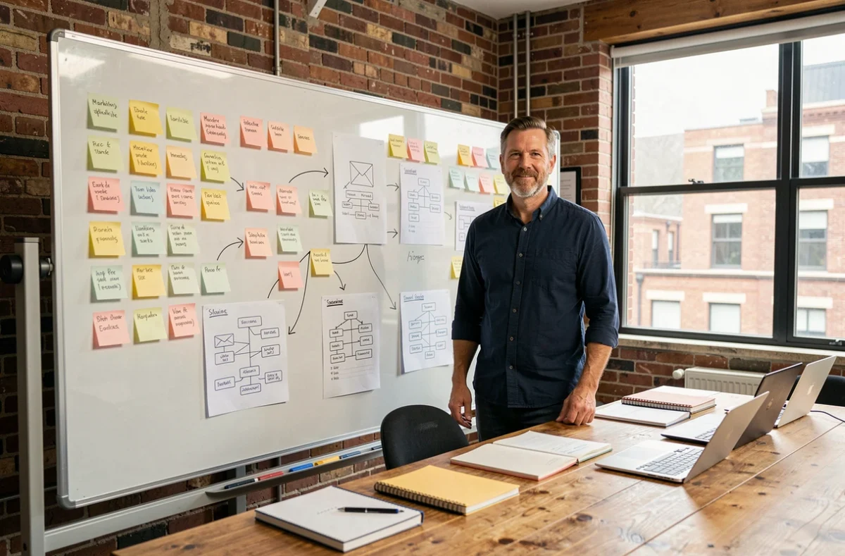 Responsable marketing présentant une stratégie d'automatisation sur un tableau blanc dans une salle de réunion collaborative