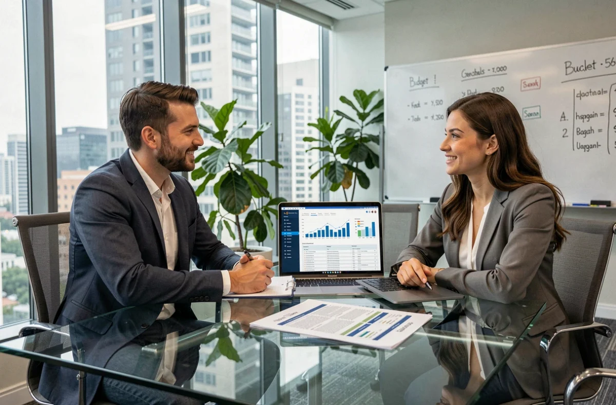 Deux professionnels du marketing discutant d'une stratégie de budget publicitaire autour d'une table de réunion en verre