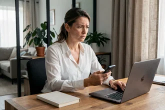 Femme assise à son bureau à domicile tenant un smartphone, illustrant la séparation entre vie privée et vie professionnelle