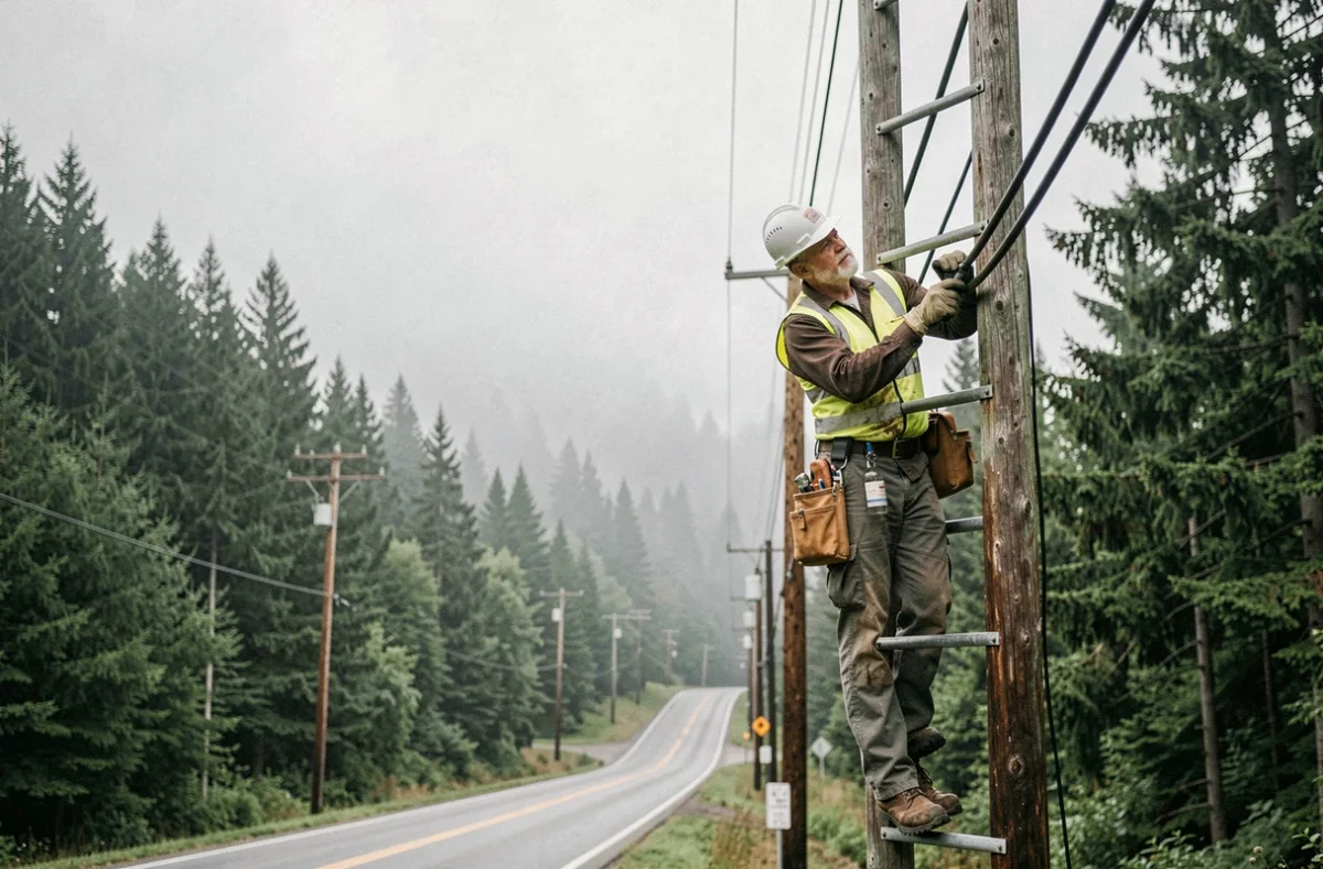 Électricien en gilet haute visibilité travaillant sur un poteau électrique en milieu rural en Colombie-Britannique, représentant les services essentiels d'infrastructure énergétique au Canada
