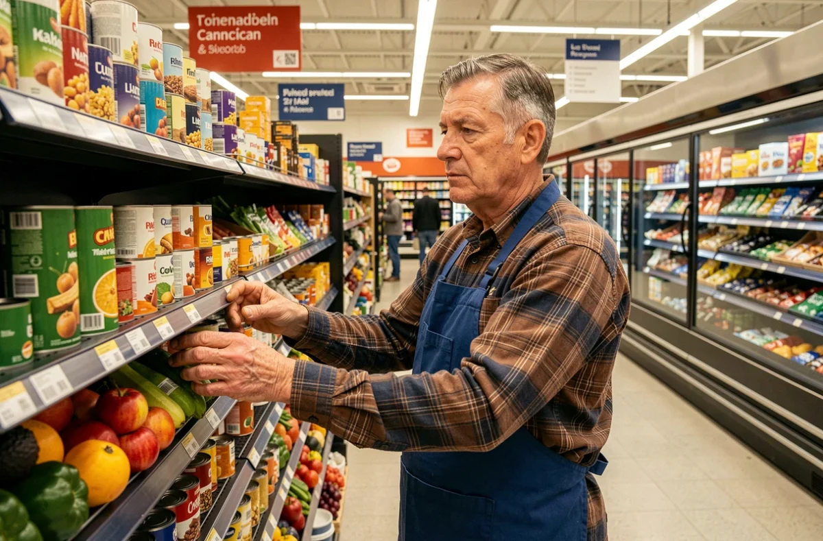 Employé d'épicerie canadien en tablier bleu réapprovisionnant les rayons d'un supermarché avec des étiquettes bilingues, service essentiel de distribution alimentaire au Canada