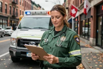 Paramédicale canadienne en uniforme vert debout devant une ambulance dans une rue de Toronto à l'automne, illustrant les services essentiels de santé au Canada