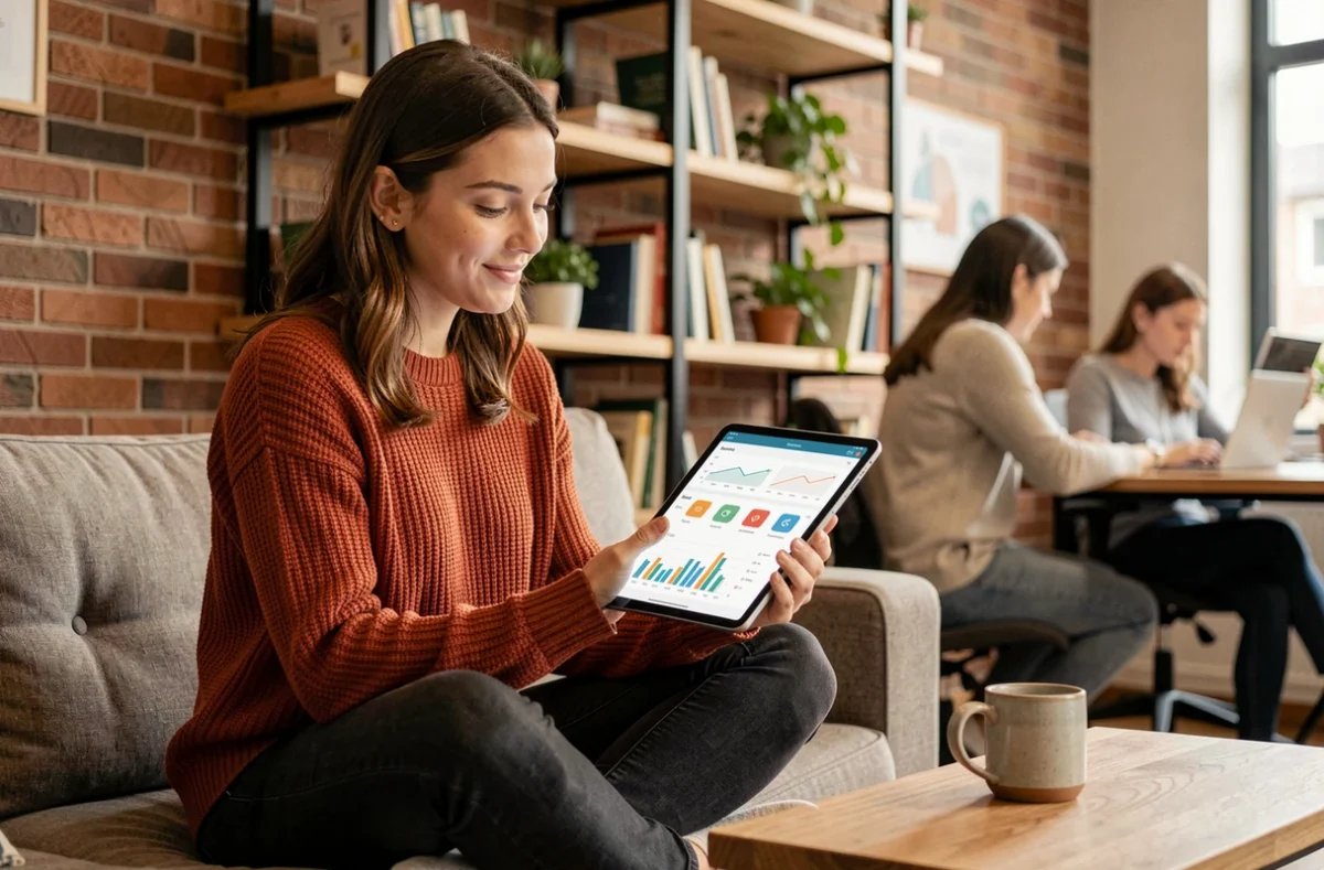 Jeune femme consultant un tableau de bord de marketing digital sur une tablette dans un espace de co-working moderne