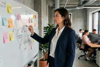 Femme d'affaires présentant une stratégie de vente sur un tableau blanc dans un bureau moderne