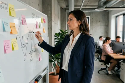 Femme d'affaires présentant une stratégie de vente sur un tableau blanc dans un bureau moderne