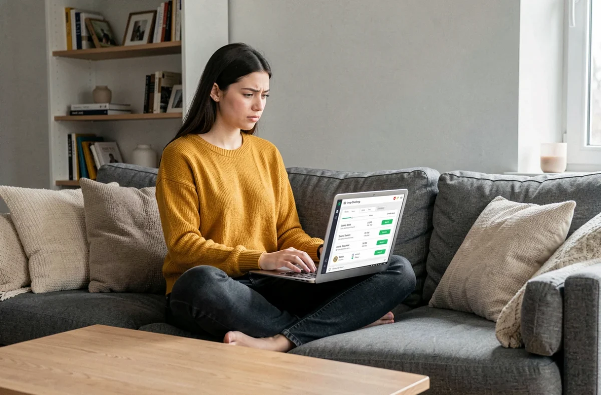 Jeune femme utilisant un outil de suivi d'email pour vérifier si son message a bien été reçu, assise sur un canapé