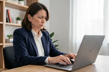 Femme consultant son ordinateur portable dans un bureau à domicile, cherchant à supprimer ses informations sur un site d'annuaire juridique