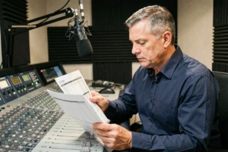 Producteur radio analysant des tarifs publicitaires dans un studio d'enregistrement professionnel