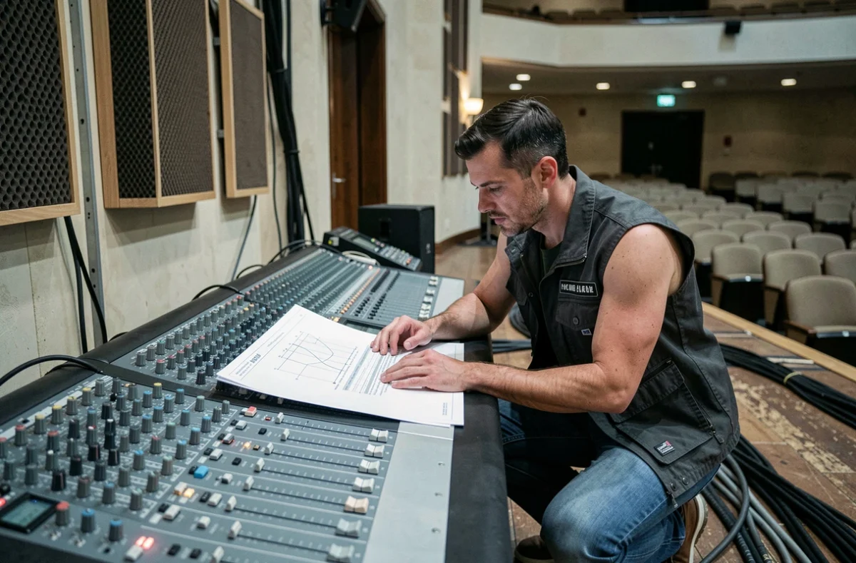 Technicien son vérifiant les équipements acoustiques et les contraintes techniques d'une salle de spectacle professionnelle