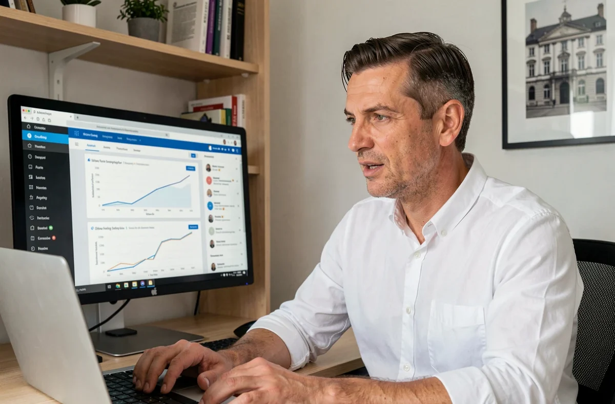 Consultant en téléconsultation numérique devant un écran d'ordinateur dans un bureau à domicile bien organisé