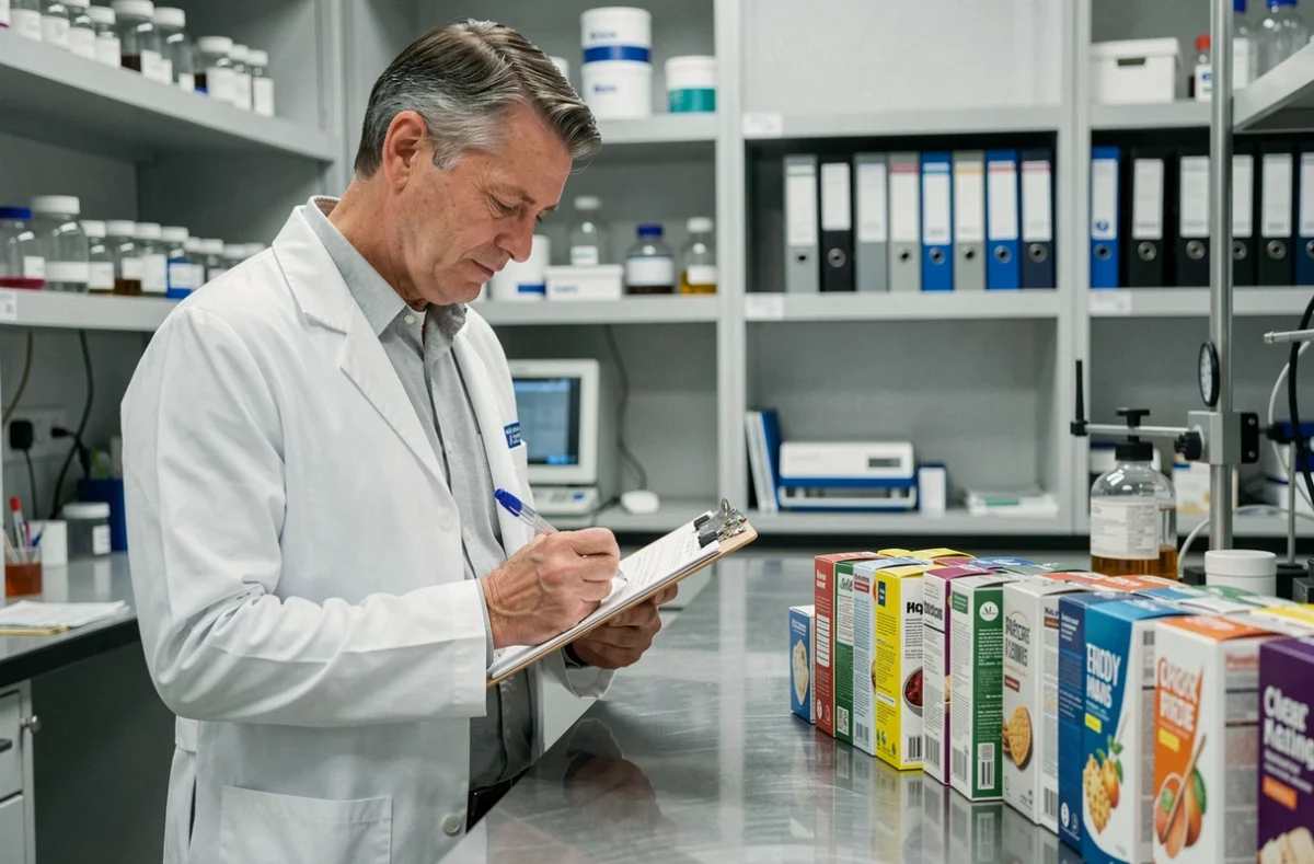 Testeur de produits en blouse blanche prenant des notes dans un laboratoire d'évaluation consommateur