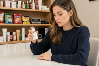 Testeuse de produits analysant un flacon de soin cosmétique à son bureau entouré de produits variés