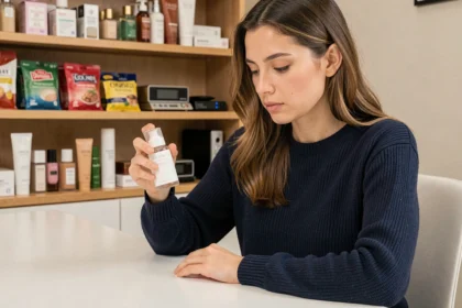 Testeuse de produits analysant un flacon de soin cosmétique à son bureau entouré de produits variés