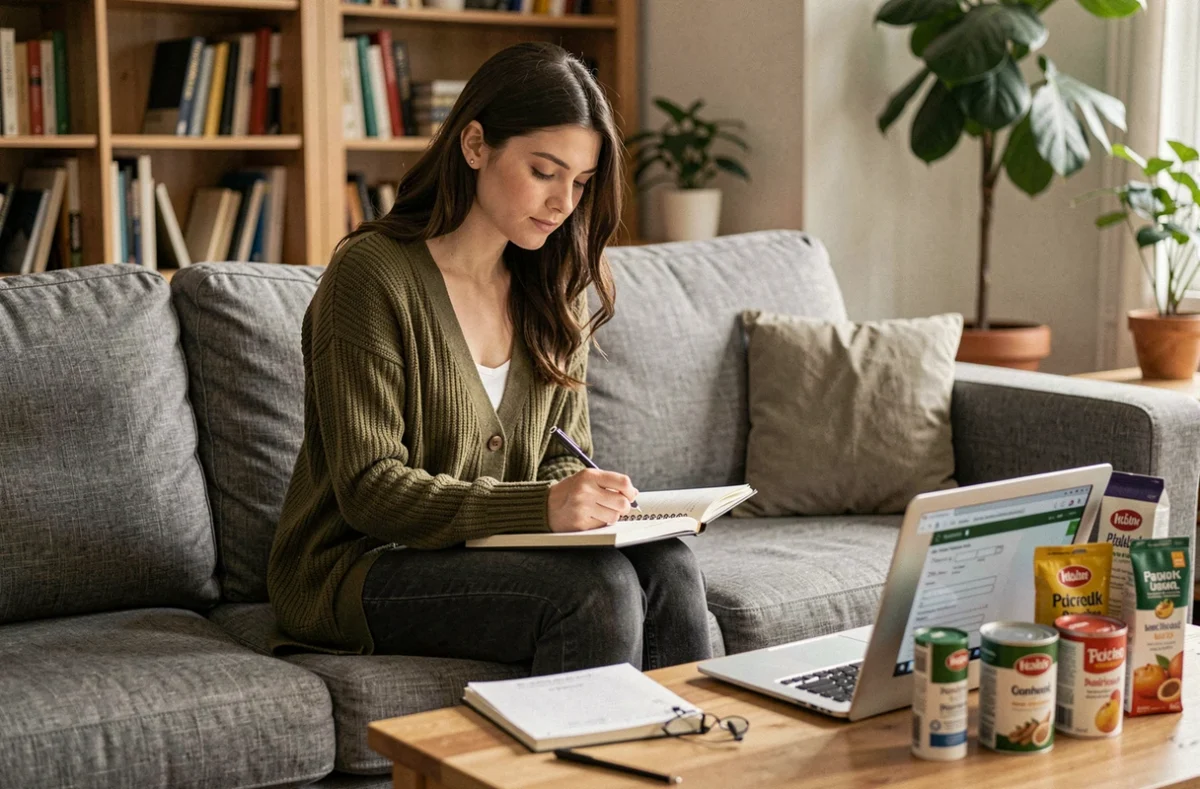 Jeune femme rédigeant un rapport d'évaluation de produits depuis son domicile avec ordinateur et cahier