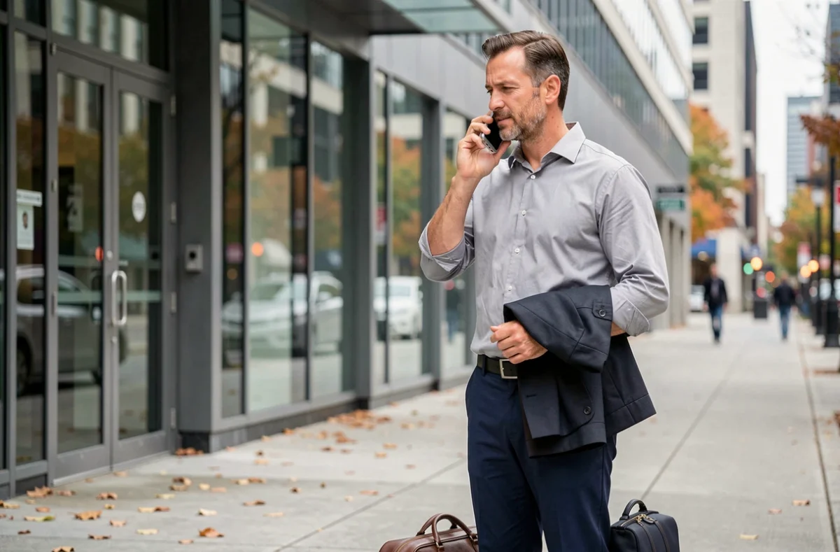 Homme en tenue professionnelle devant un immeuble de bureaux passant un appel personnel, symbolisant la transition entre travail et vie privée