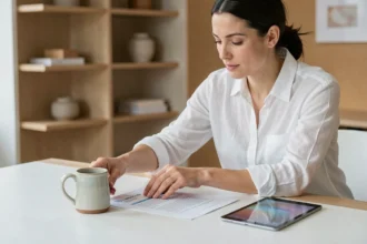 Femme professionnelle présentant trois types de produits sur une table en bois : produit physique, service et produit numérique
