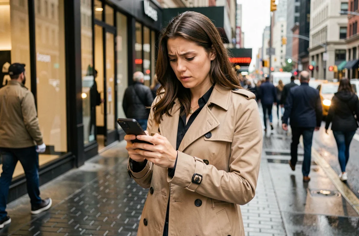 Femme utilisant l'application Uber sur son smartphone dans une rue animée, symbolisant la disruption numérique et l'économie de plateforme dans la mobilité urbaine