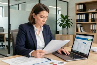 Femme professionnelle vérifiant des documents d'entreprise sur un bureau moderne avec un ordinateur portable ouvert