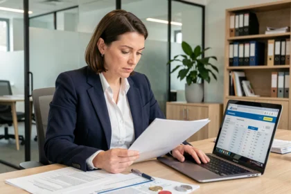 Femme professionnelle vérifiant des documents d'entreprise sur un bureau moderne avec un ordinateur portable ouvert