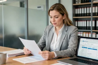 Femme d'affaires consultant des documents officiels pour vérifier l'existence d'une entreprise