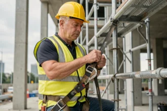 Ouvrier du bâtiment vérifiant son harnais de sécurité sur un chantier de construction urbain