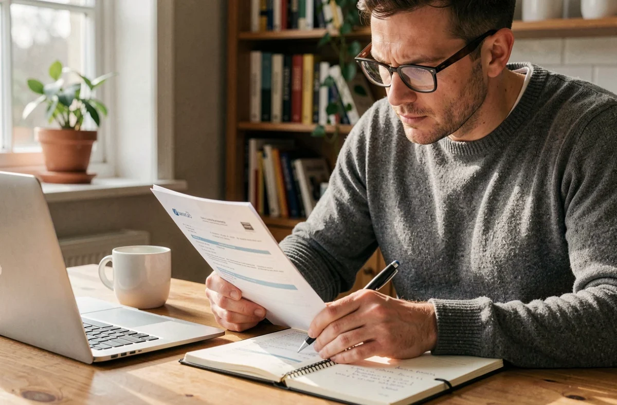Homme consultant un extrait Kbis et prenant des notes pour vérifier une entreprise depuis son domicile