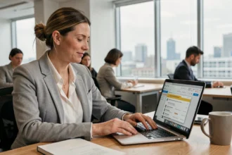 Femme professionnelle vérifiant la confirmation de lecture d'un email sur son ordinateur portable dans un bureau moderne