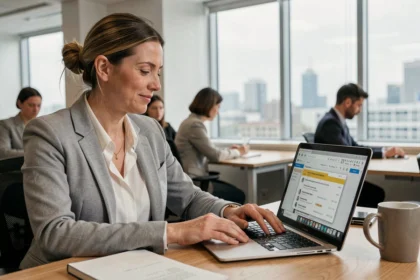 Femme professionnelle vérifiant la confirmation de lecture d'un email sur son ordinateur portable dans un bureau moderne