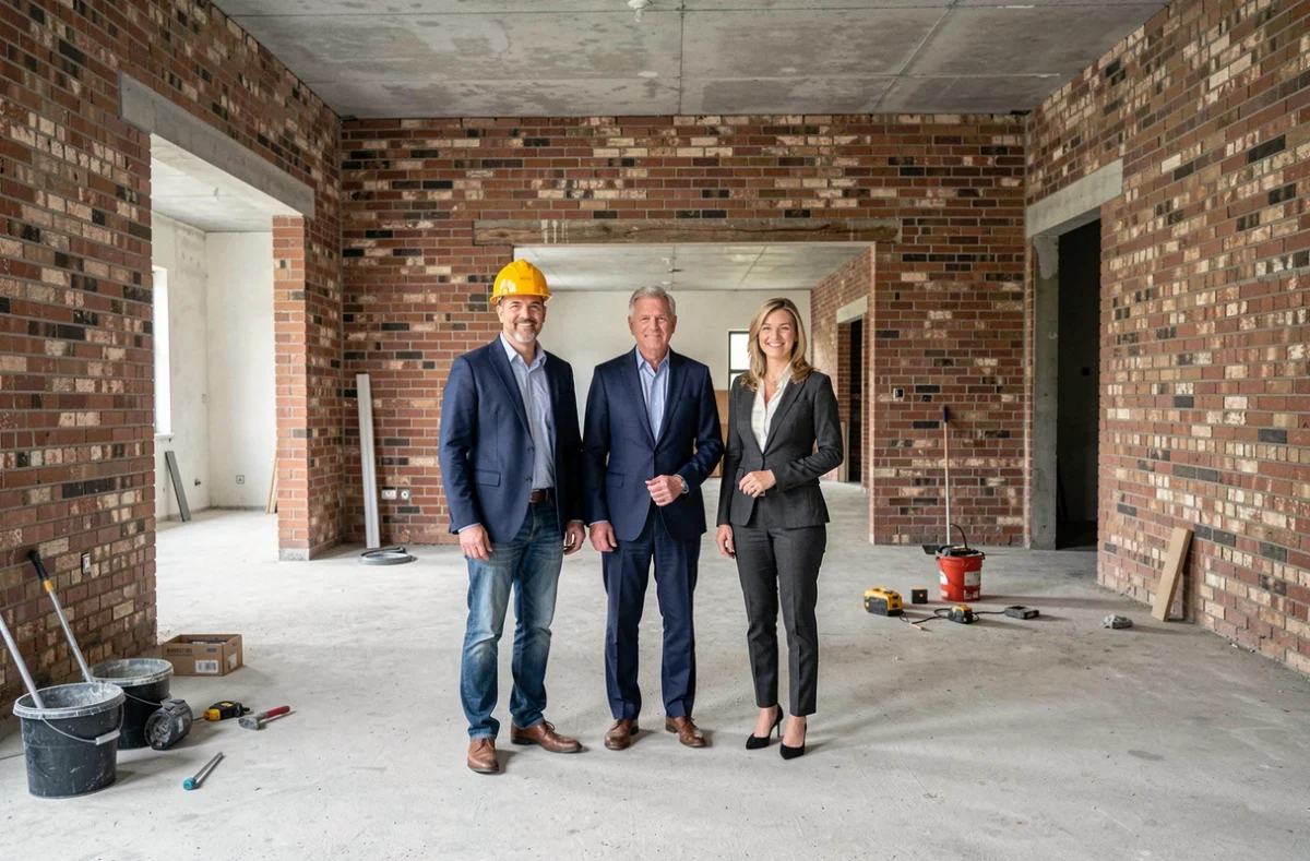 Équipe de professionnels visitant un bâtiment en rénovation destiné à devenir un centre d'hébergement