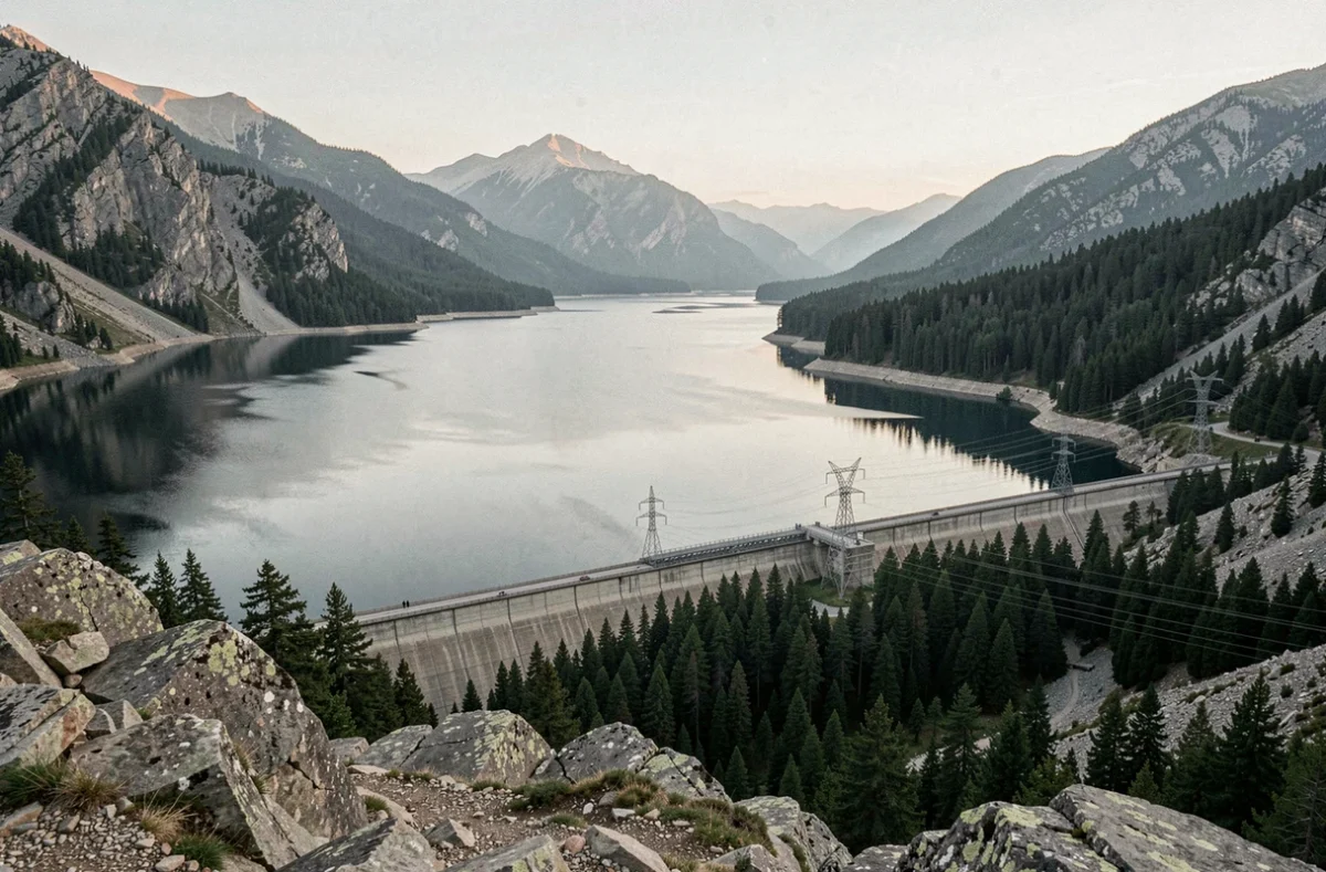 Vue aérienne d'un réservoir et barrage hydroélectrique entouré de montagnes forestières